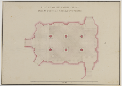216441 Interieur van de Pieterskerk te Utrecht: plattegrond van de crypte met plavuizenvloer.